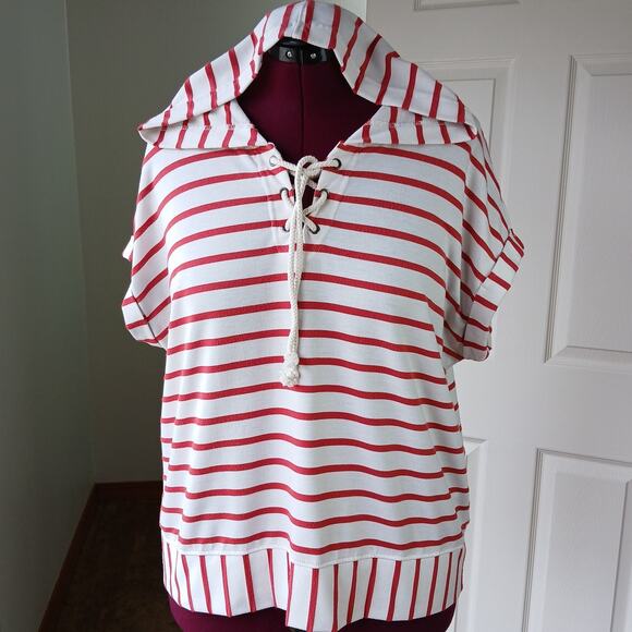 Jane + Delancey French Terry Hooded Top XL lace-up V-neck red striped unisex - Picture 2 of 15